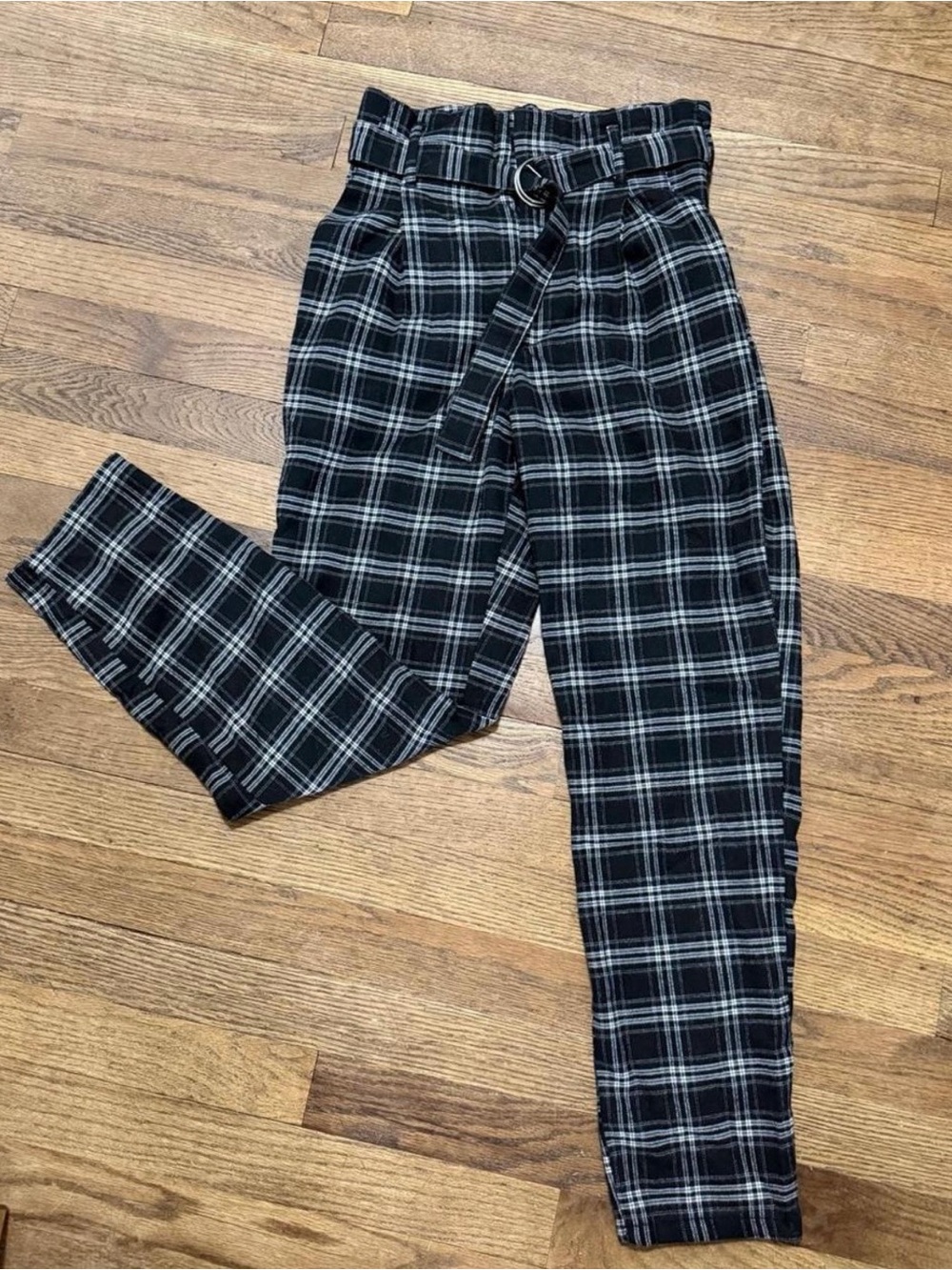 Hollister Black & Gray Plaid Paperbag Waist Chinos with D-Ring Belt